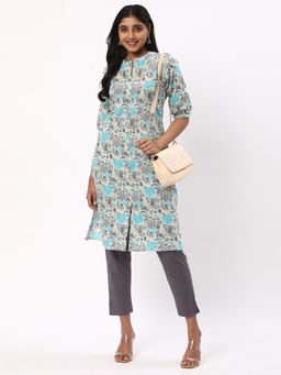 R&B - Women Teal Rayon Mandarin Neck Kurta
