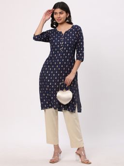 R&B - Women Navy Blue Rayon Round Neck Kurta