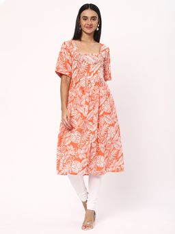 R&B - Women Orange Cotton Square Neck Kurta
