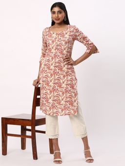 R&B - Women Coral Rayon Scoop Neck Kurta