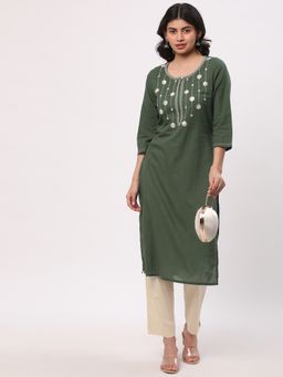 R&B - Women Olive Cotton Blend Round Neck Kurta