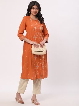 R&B - Women Rust Cotton Blend Round Neck Kurta