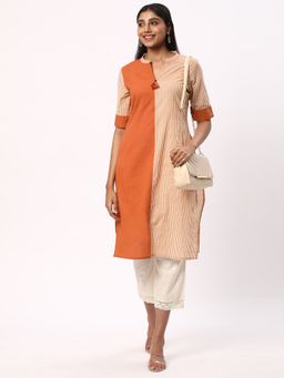 R&B - Women Rust Cotton Mandarin Neck Kurta