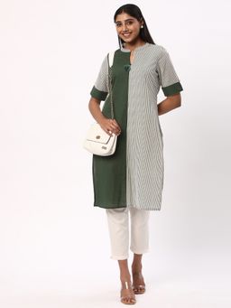 R&B - Women Olive Cotton Mandarin Neck Kurta