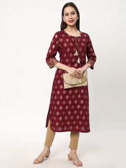 R&B - Women Maroon Rayon Tie Up Neck Kurta