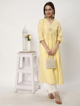 R&B - Women Yellow Polyester V-Neck Kurta
