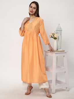 R&B - Women Peach Polyester Blend V-Neck Kurta