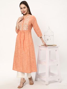 R&B - Women Peach Cotton Mandarin Neck Kurta