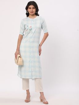 R&B - Women Aqua Polyester Blend Mandarin Neck Kurta
