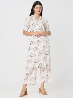 R&B - Women Beige Cotton Collar Neck Kurta