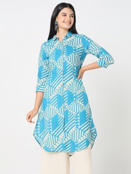 R&B - Women Turquoise Cotton Collar Neck Kurta