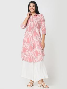 R&B - Women Pink Cotton Collar Neck Kurta