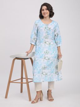 R&B - Women Blue Muslin Round Neck Kurta