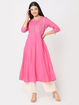 R&B - Women Pink Polyester Round Neck Kurta
