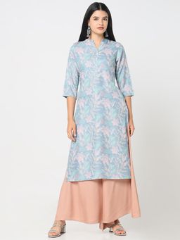 R&B - Women Blue Polyester Mandarin Neck Kurta