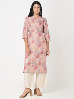 R&B - Women Peach Polyester Mandarin Neck Kurta