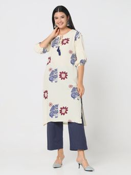 R&B - Women Ivory Rayon Tie Up Neck Kurta