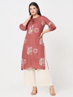 R&B - Women Mauve Rayon Tie Up Neck Kurta