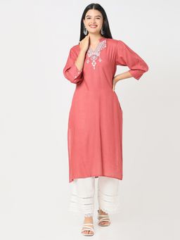 R&B - Women Pink Rayon Mandarin Neck Kurta