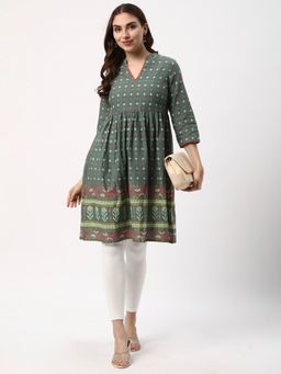 R&B - Women Green Cotton Mandarin Neck Kurta