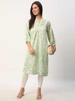 R&B - Women Green Cotton Mandarin Neck Kurta