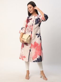 R&B - Women Off White Cotton Mandarin Neck Kurta