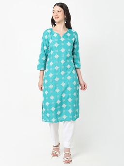 R&B - Women Teal Viscose Round Neck Kurta
