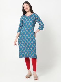 R&B - Women Teal Cotton Round Neck Kurta