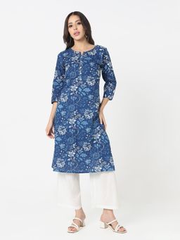 R&B - Women Blue Cotton Henley Neck Kurta