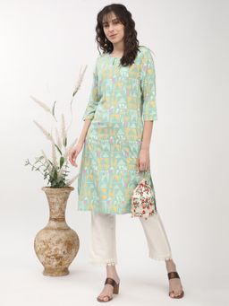 R&B - Women Green Viscose Rayon Keyhole Neck Kurta