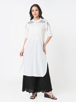 R&B - Women White Cotton Mandarin Neck Kurta