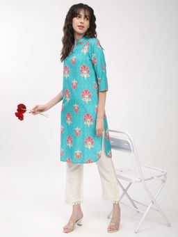 R&B - Women Teal Polyester Mandarin Neck Kurta