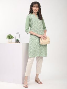 R&B - Women Green Viscose Rayon Mandarin Neck Kurta
