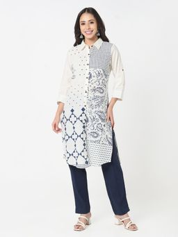 R&B - Women White Cotton Collar Neck Kurta
