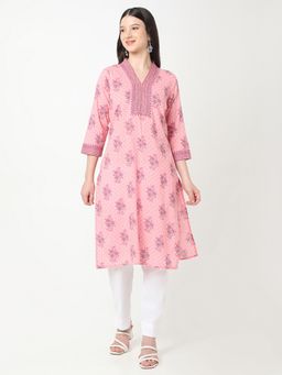 R&B - Women Pink Cotton Mandarin Neck Kurta