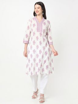 R&B - Women White Cotton V-Neck Kurta