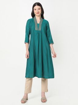 R&B - Women Teal Polyester V-Neck Kurta