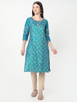 R&B - Women Teal Polyester Round Neck Kurta