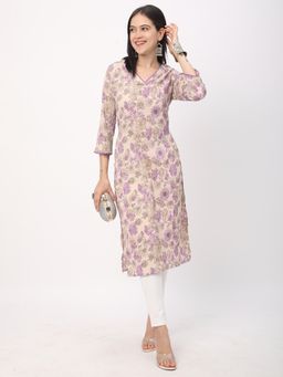R&B - Women Beige Polyester V-Neck Kurta