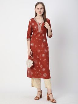R&B - Women Red Rayon V-Neck Kurta