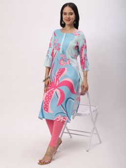 R&B - Women Blue Rayon Round Neck Kurta