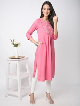 R&B - Women Pink Rayon Round Neck Kurta