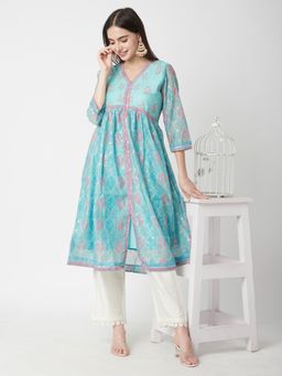 R&B - Women Teal Polyester V-Neck Kurta