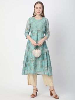 R&B - Women Teal Viscose Rayon Round Neck Kurta