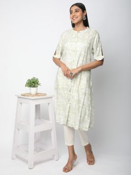 R&B - Women Green Rayon Mandarin Neck Kurta