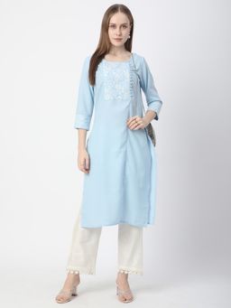 R&B - Women Aqua Viscose Rayon Round Neck Kurta