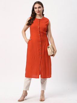R&B - Women Rust Viscose Rayon Mandarin Neck Kurta