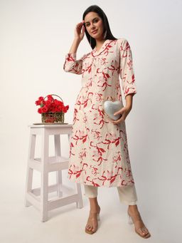 R&B - Women Cream Polyester V-Neck Kurta