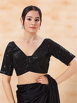 VAMAS - THE DESIGNER BLOUSES - Black Brocade Half Sleeve Padded Back Open Stitched Blouse