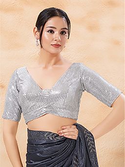 VAMAS - THE DESIGNER BLOUSES - Silver Tissue Half Sleeve Padded Back Open Stitched Blouse